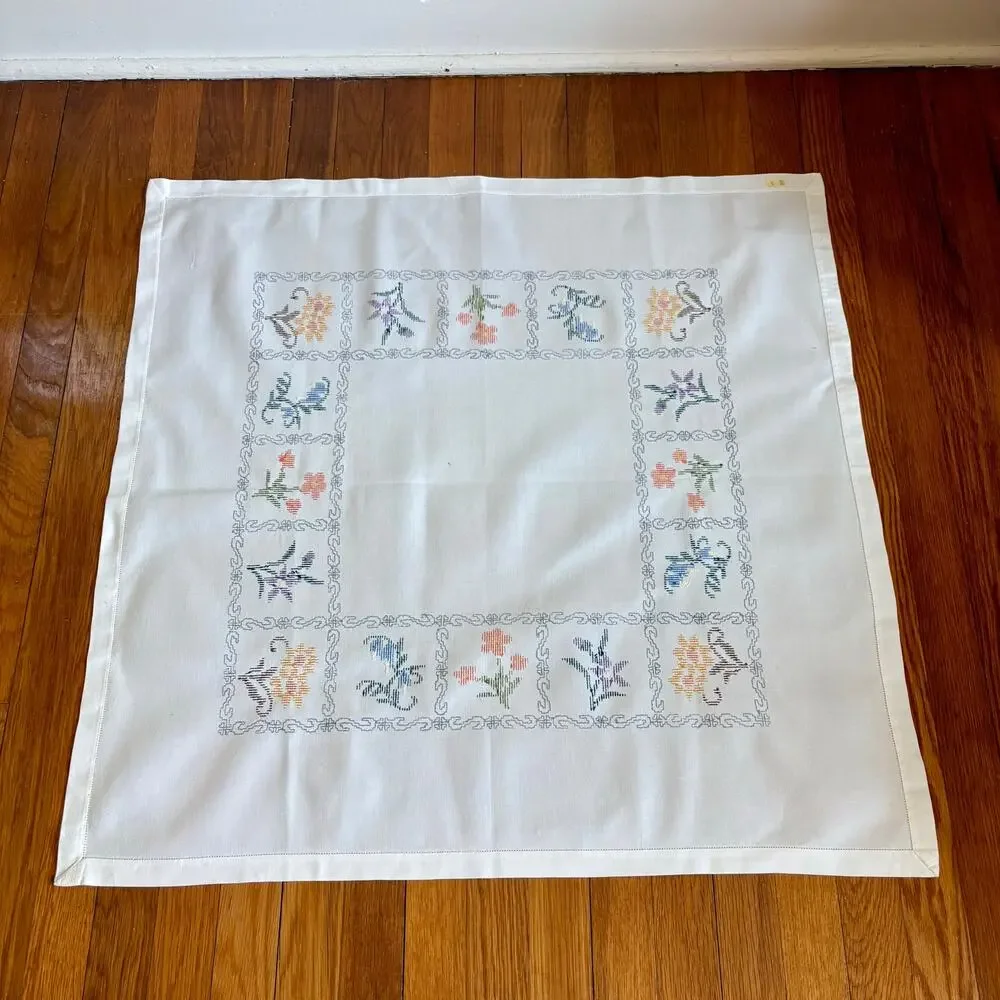 Vintage Cross Stitch Tablecloth Floral Border Heavy Cotton Square